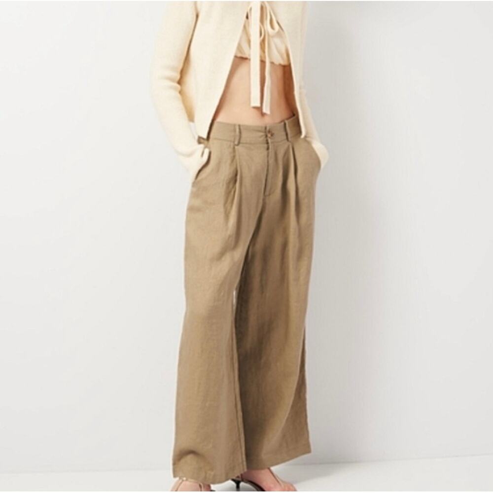 Zara linen wide leg pleated‎ high rise trouser pant khaki women's size small